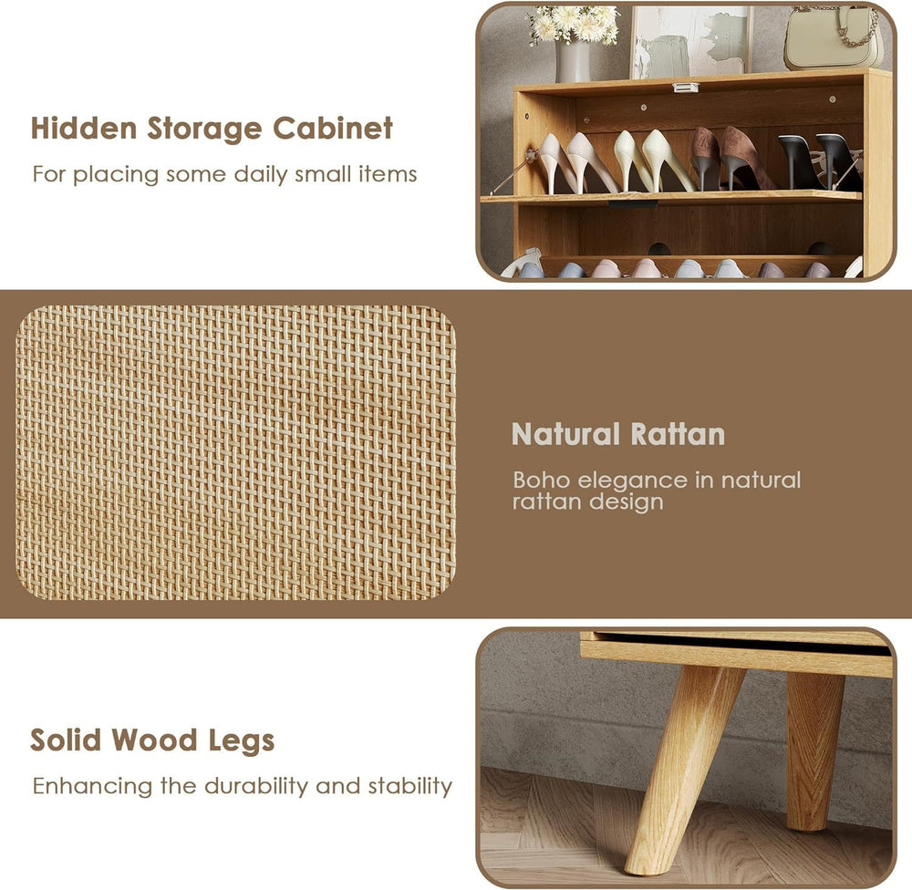 MU Natural Rattan Shoe Cabinet, Entryway Shoe Cabinet with 2 Flip Drawers and...