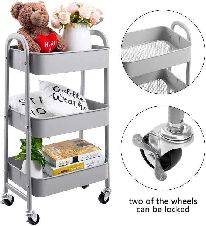 AGTEK Makeup Cart, Movable Rolling Organizer Cart, 3 Tier Metal Utility Cart - Image 3