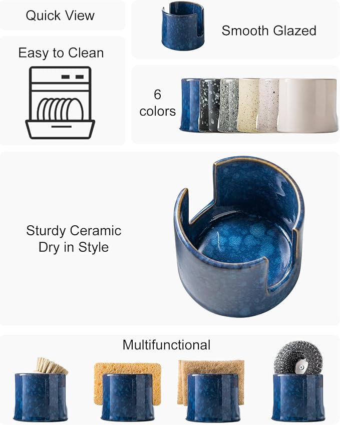 Kitchen Sponge Holder, Ceramic Sponge Organizer Scrubby Holder Sink Caddy Dish - Image 2