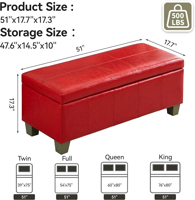 51" Faux Leather Storage Ottoman, Stitch Tufted Rectangle Upholstered End of - Image 2