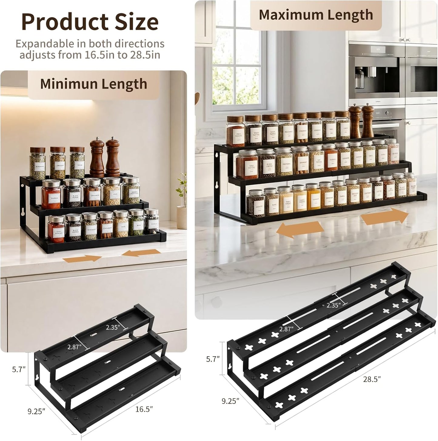 Expandable Spice Rack Organizer for Cabinet, 3-Tier Metal Spice Shelf | Expandable 16"-29", Anti-Separation Sliding Design, Organizes Jars, Bottles & Seasonings, Easy Assembly
