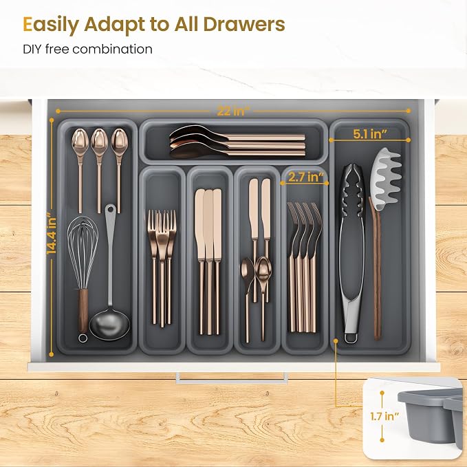 7 Pack Silicone Silverware Drawer Organizer, DIY Free Combination Kitchen - Image 3