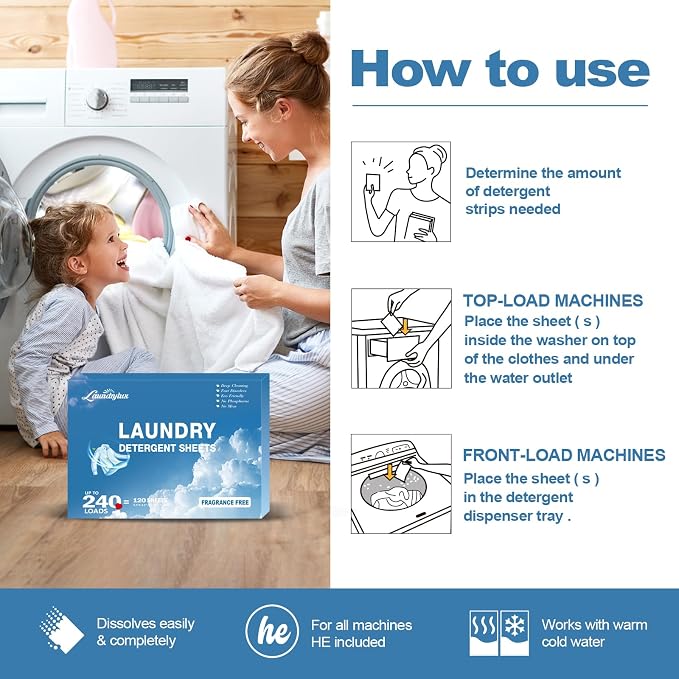 Laundry Detergent Sheet, Eco-Friendly & Hypoallergenic Wash Strips, Natural - Image 7