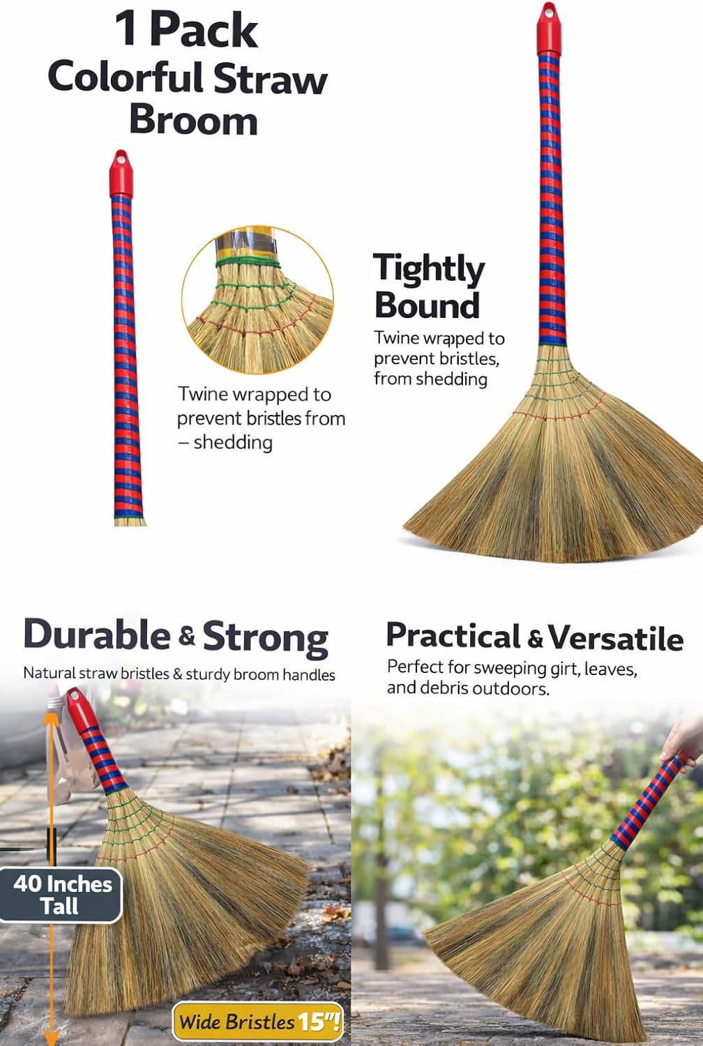 Vietnam Handcrafted Straw Soft Broom with Colored Handle, 17 Inch Head Width, 38 Inch Overall Length (1 pc)