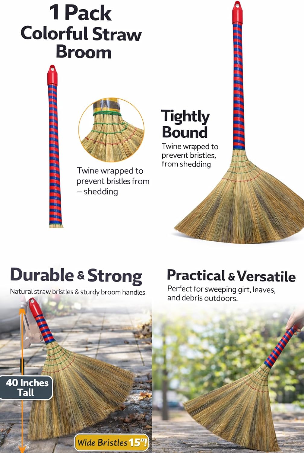 Vietnam Handcrafted Straw Soft Broom with Colored Handle, 17 Inch Head Width, 38 Inch Overall Length (1 pc)
