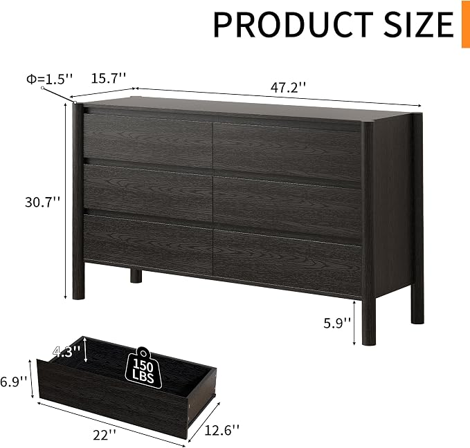 Dresser for Bedroom with 6 Drawers, Wooden TV Stand, Closet Clothes Organizer - Image 2