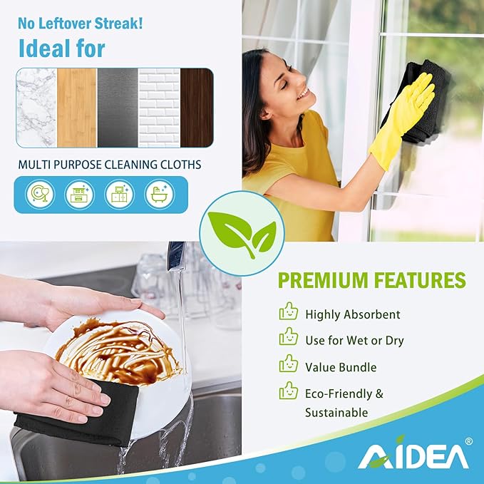 AIDEA Microfiber Cleaning Cloth Black 12PK, Microfiber Towels - Image 6