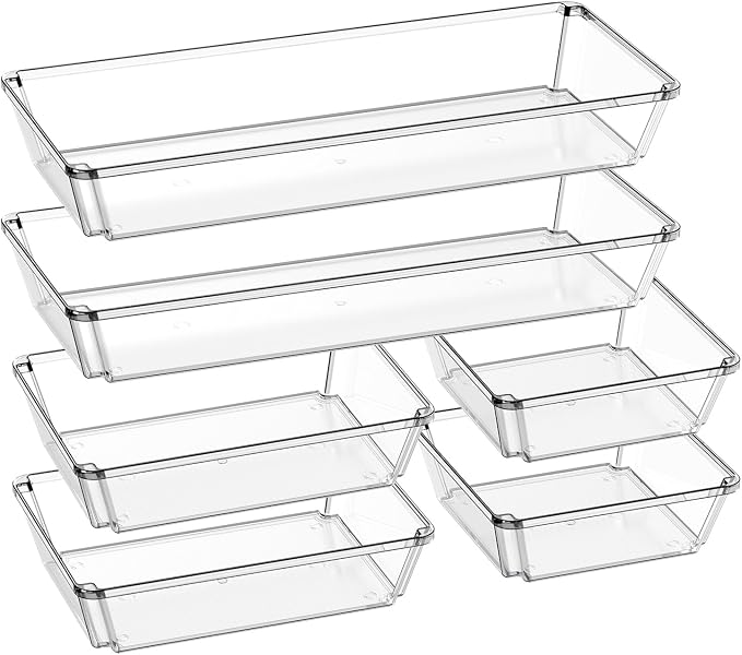 6 Pack Large Clear Plastic Drawer Organizer Trays, Desk Drawer Organizers and by JOLLYIN
