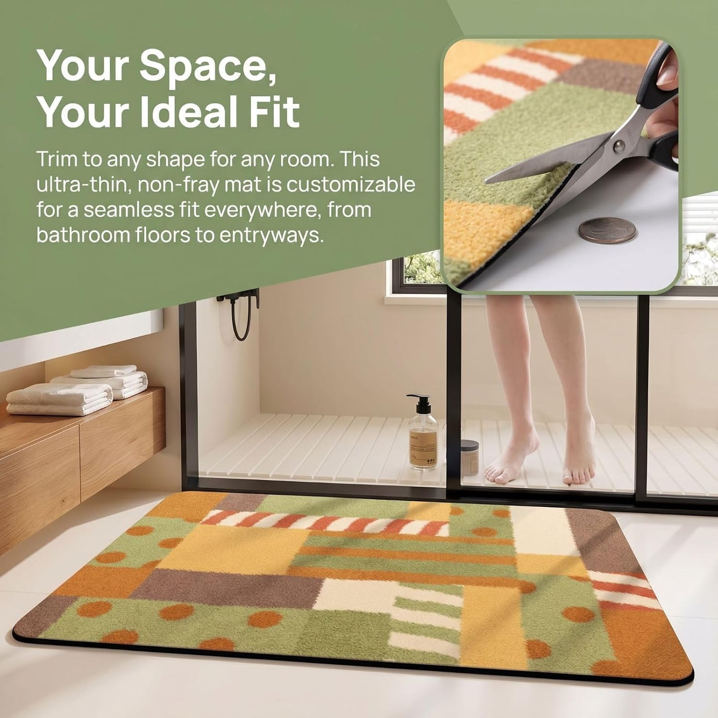 Non Slip Bath Mat Cut to Any Size Ultra Thin Bathroom Rugs Fit Under Door, 16"x24" Quick Dry Absorbent Washable Rubber Backing Mat Rug for Bath Floor, Entryway, Kitchen, Sink