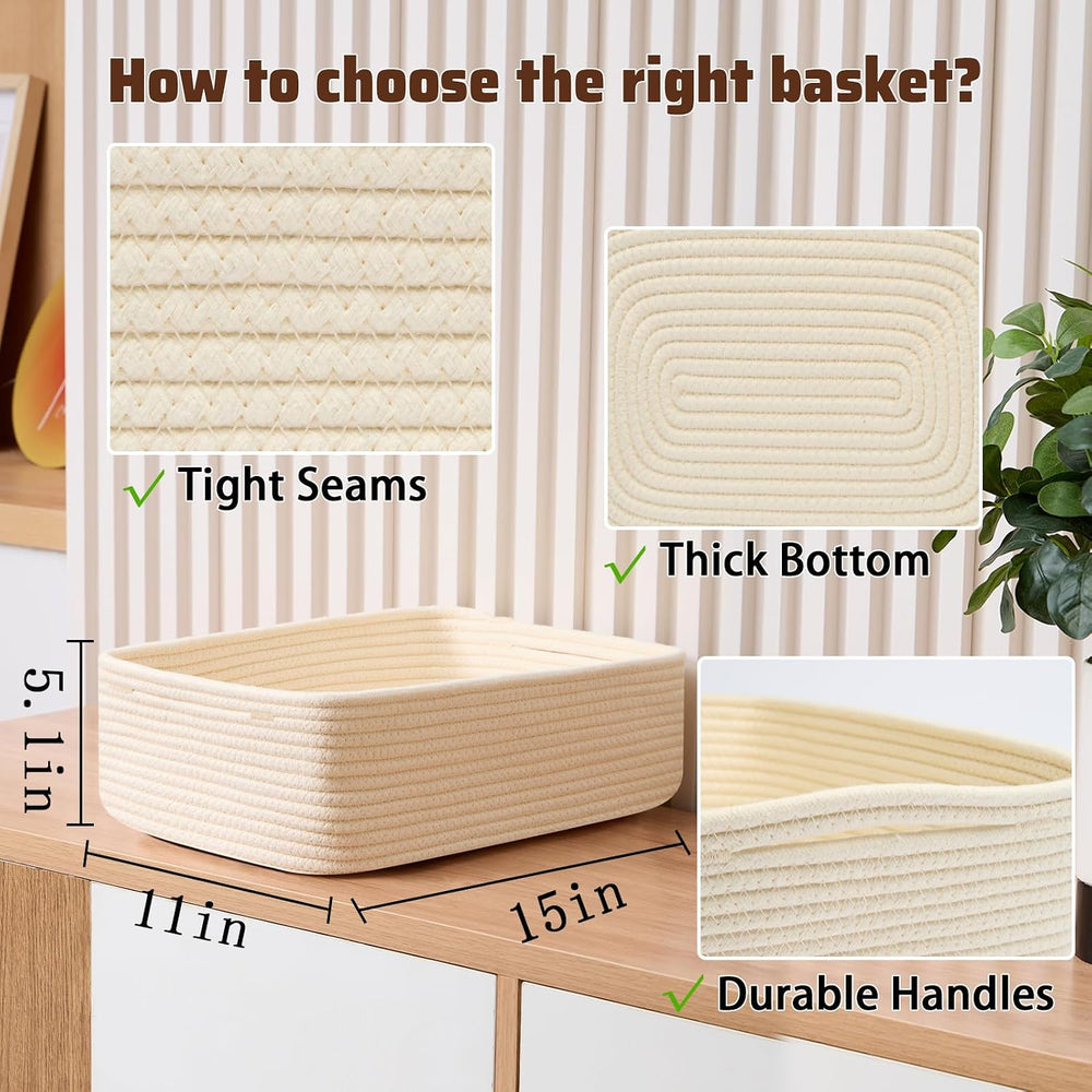 MiniArk Large Shallow Organizing Baskets 15x11x5.1 Inches - Rope Woven Storag...