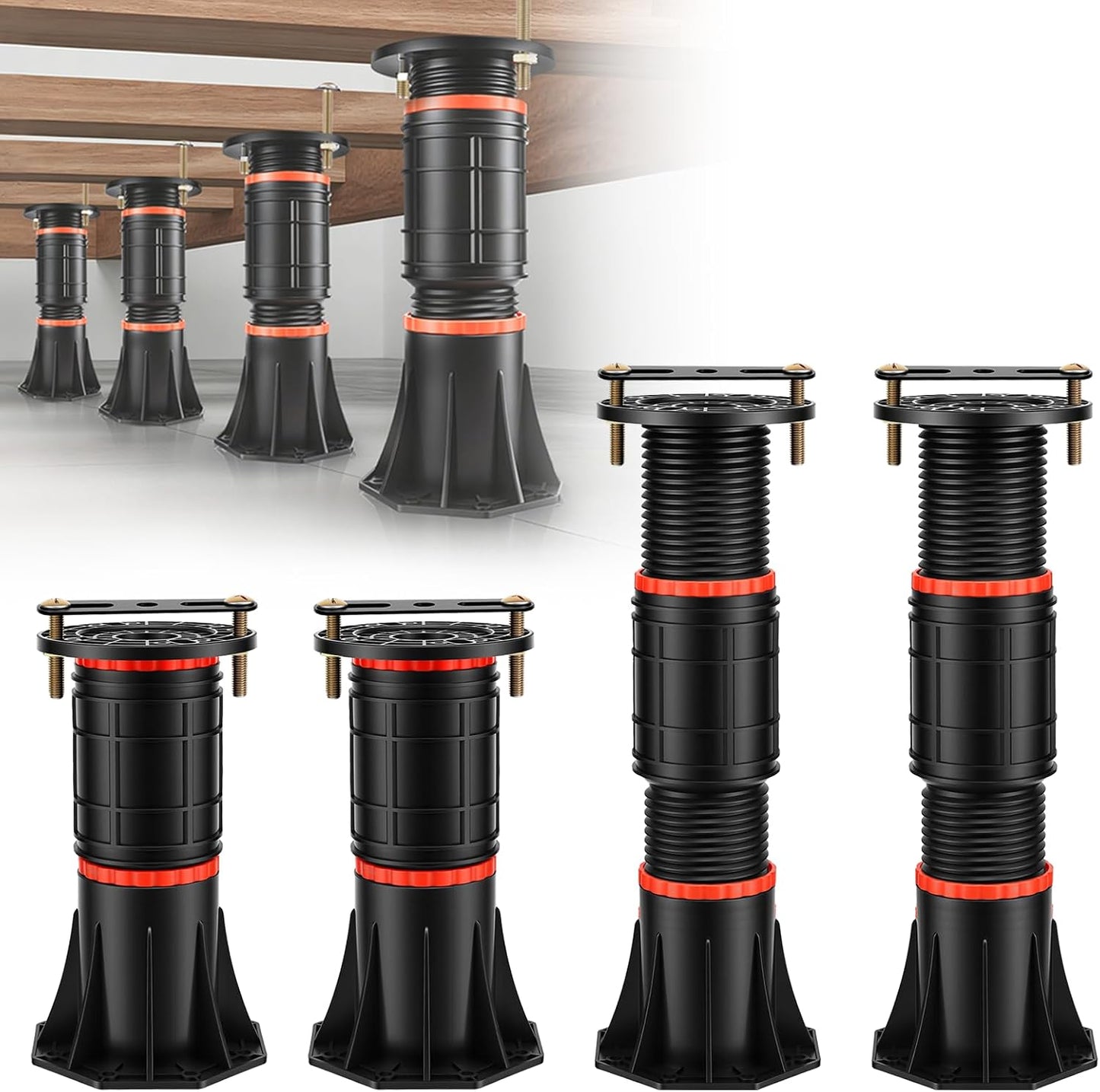 LOSCHEN 4 PCS Adjustable Bed Support Legs with Metal Fixing Accessories, 8.4-13.5 Inch，Heavy Duty Bed Frame Support Feet,Bed Support Reinforcement Parts Bed Slats Support Leg Bed Replacement Legs