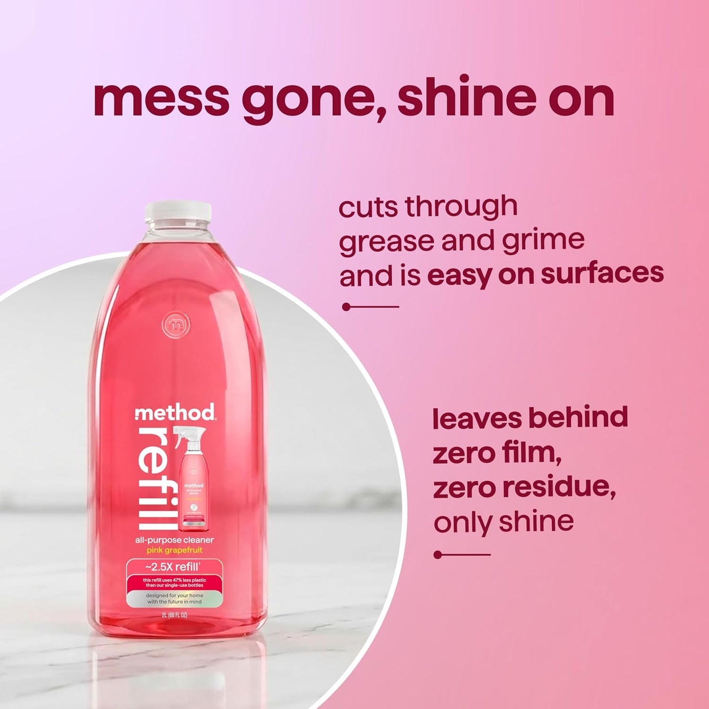 method All-Purpose Cleaner Refill, Pink Grapefruit, 68 fl oz, 6 pack | Cuts Grease & Grime on Counters, Glass, Sealed Wood & Floors, for Kitchen & Bathroom, Controlled Mist, Streak Free