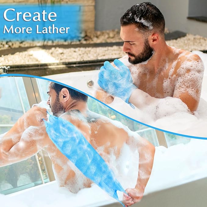 Anezus Exfoliating Back Scrubber Bath Gloves Set, Exfoliating Shower Towel - Image 2