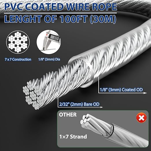 1/8" Wire Rope Kit, 100 Ft PVC Coated Steel Cable Guide Wire Tensioner Strainer - Image 2