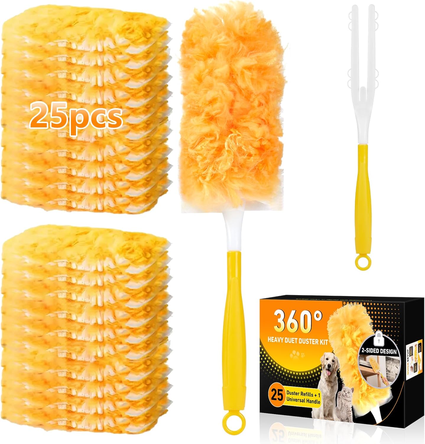 360° Duster Refills Kit for Swiffer Duster, 25 Pack & 1 Handle, Multi-Surface Dusters with 4X Cleaning Power. Efficient Duster Kit for Cleaning Pet Hair, Home, Office, Blinds, Furniture and More