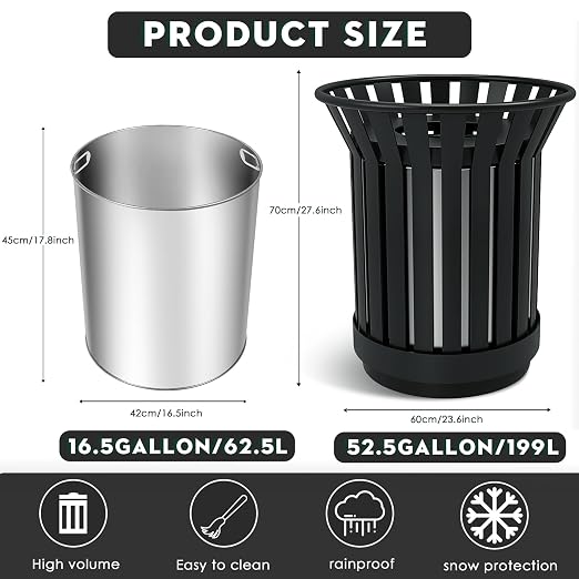 17Gallon Round Large Outdoor Trash Can, Heavy Duty Metal Slatted Garbage Can - Image 3