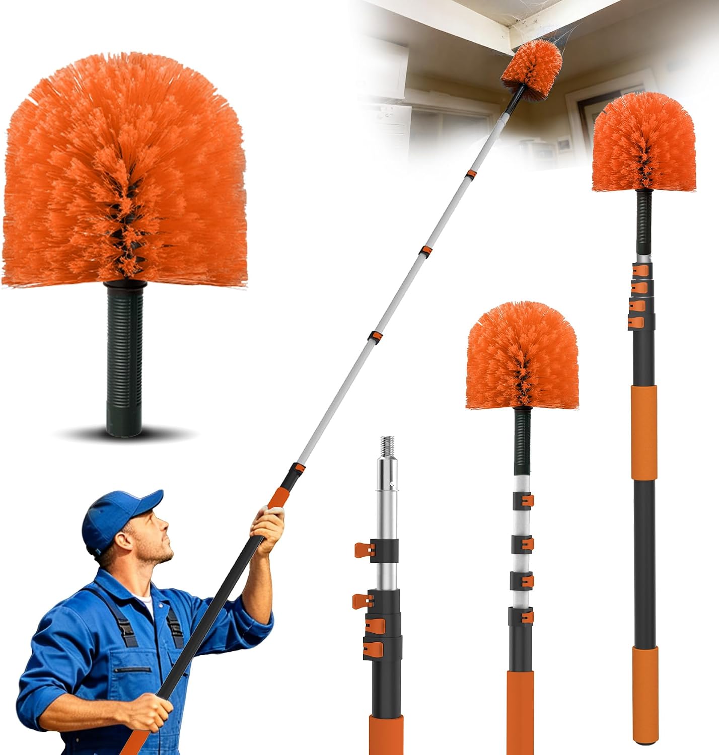 26FT Reach Cobweb Duster with Extension Pole - Spider Web Brush for Cleaning with 5-20FT 4-Section Flip-Lock Telescopic Pole, Effortlessly Cleans High Indoor & Outdoor Webs