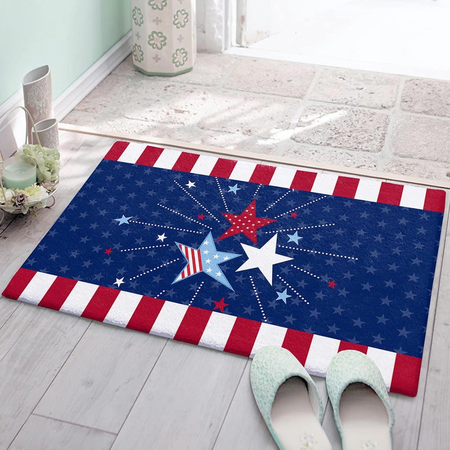 Plush Rug Non Slip Bath Mat, 4th of July Star Soft Shaggy Long Fur Fuzzy Bath Rugs, Carpet Mat for Bathroom Shower Home Red Blue Independence Day Patriotic Star16 x24