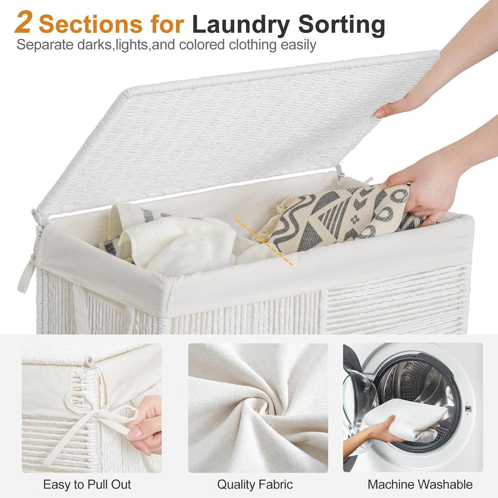 WOWLIVE Double Laundry Hamper with Wheels, Handwoven Rolling Laundry Basket