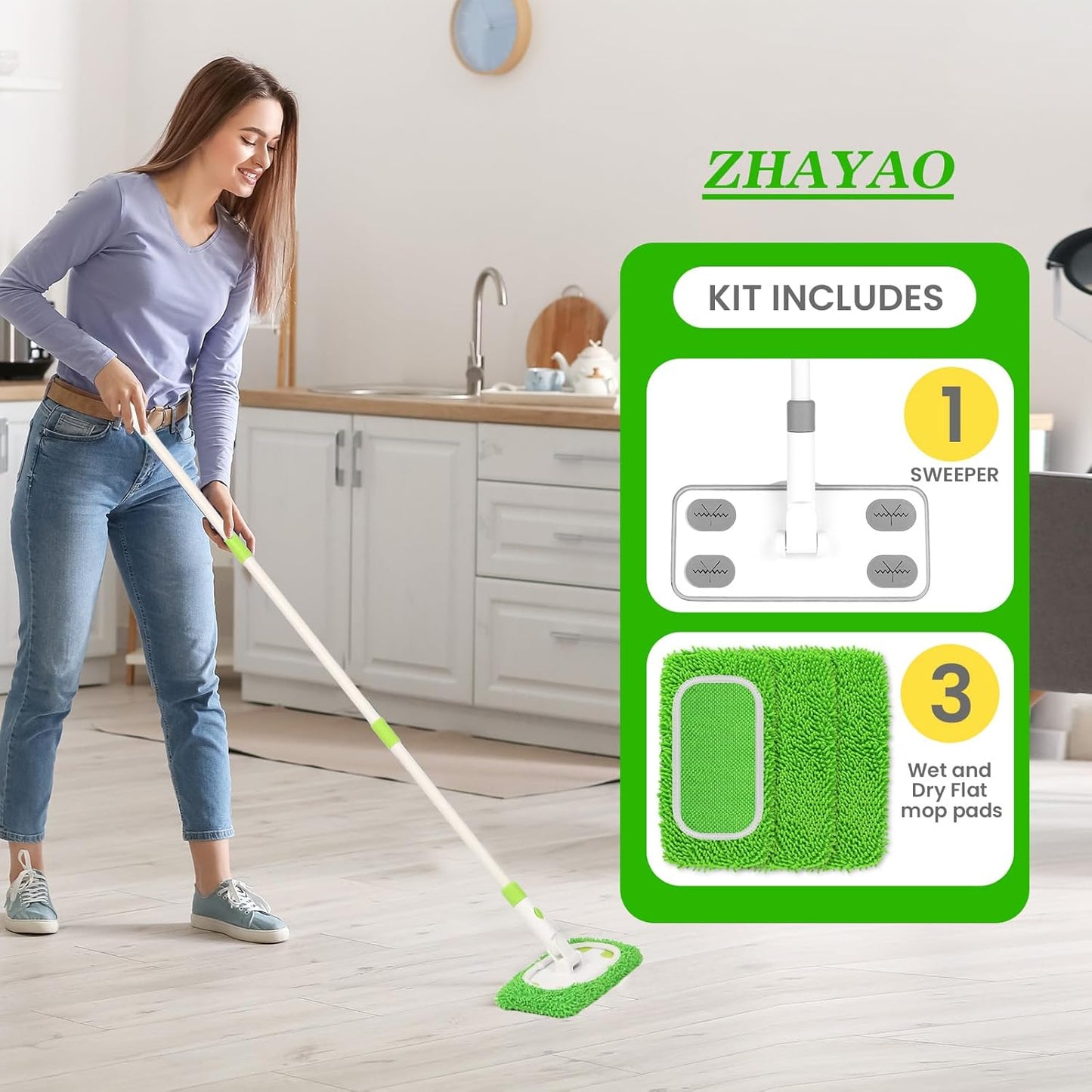 Reusable Microfiber Floor Mop System, Wet & Dry Sweeper Kit, Includes 1 Sweeper Handle, 3 Washable Chenille Mop Pads, Dry & Wet Use for Hardwood, Tile, and Laminate Floor, Green