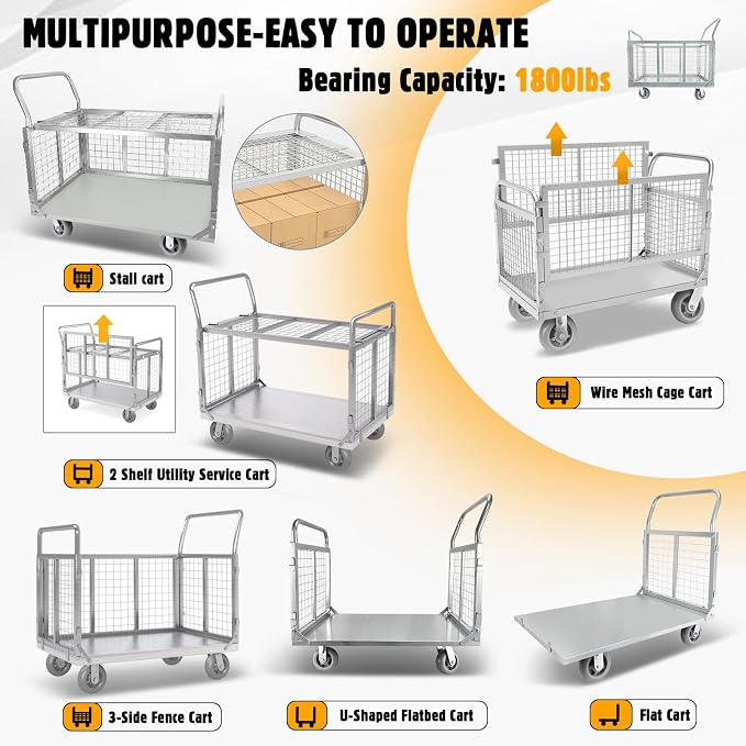 Platform Truck Cart with Cage, 6 in1 Foldable Flatbed Cart Heavy Duty Push Cart - Image 5