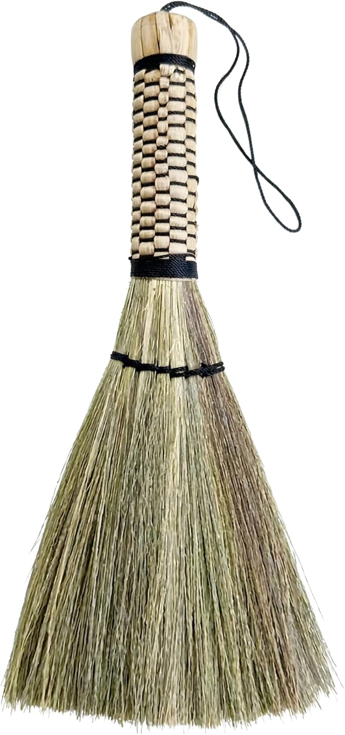 Cozy Leaf Handmade Mini Whisk Broom, Natural Grass Hand Sweeper for Desk, Keyboard, Coffee Bar, Plant & Crumb Cleaning, Woven Handle Palm-Sized Small Broom for Dollhouse & Altar Decor (9.5 Inches)