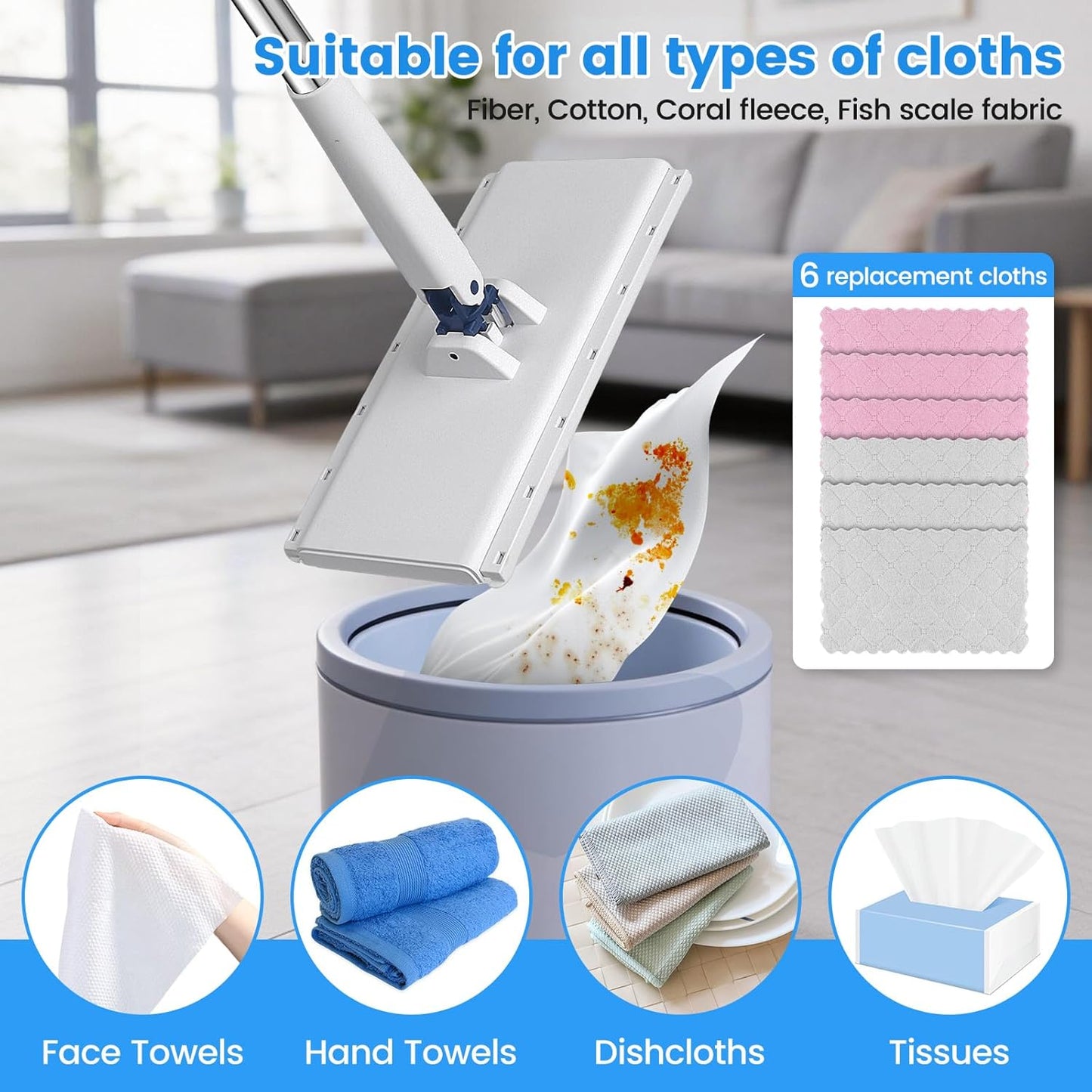Snap Grip Mini Mop with 6 Washable Pads, Lazy Dry Wet Mops Household Items for Wall Window Ceiling, Dust Mop with 47" Handle, Zero-Touch Flat Floor Mops for Floor Cleaning for Home Kitchen Bathroom