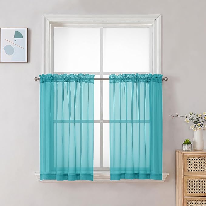 Chyhomenyc Turquoise Sheer Curtains 30 inch Length 2 Panels, Light Filtering by Chyhomenyc