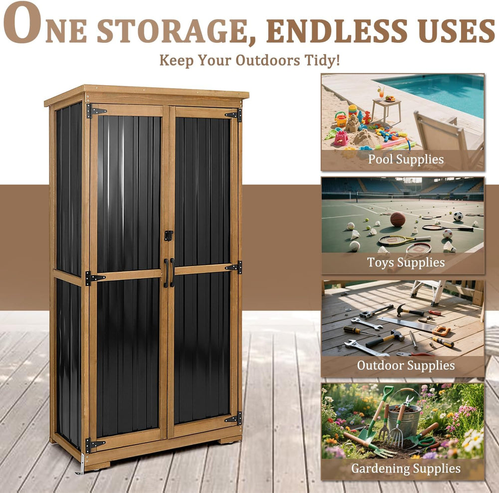 Outdoor Storage Cabinet, Wood & Metal Storage Shed with Weather-Resistant...