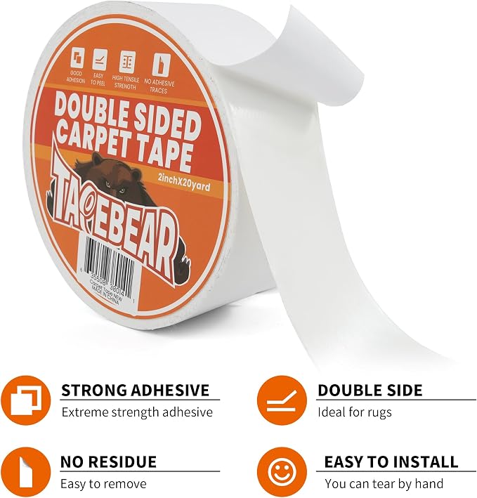 TAPEBEAR Double Sided Carpet Tape 2Inch x 20Yards x 2Rolls, Heavy Duty Rug Tape - Image 2