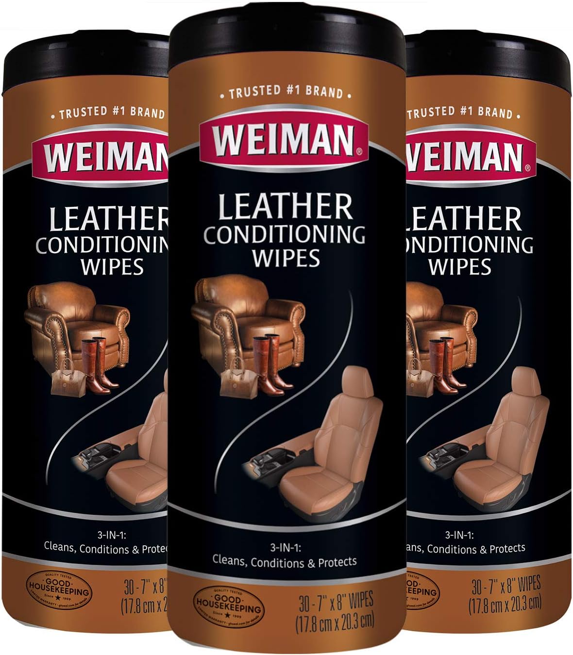 Weiman Leather Wipes - 3 Pack - Clean, Condition, Ultra Violet Protection Help Prevent Cracking or Fading of Leather Furniture, Car Seats and Interior, Shoes