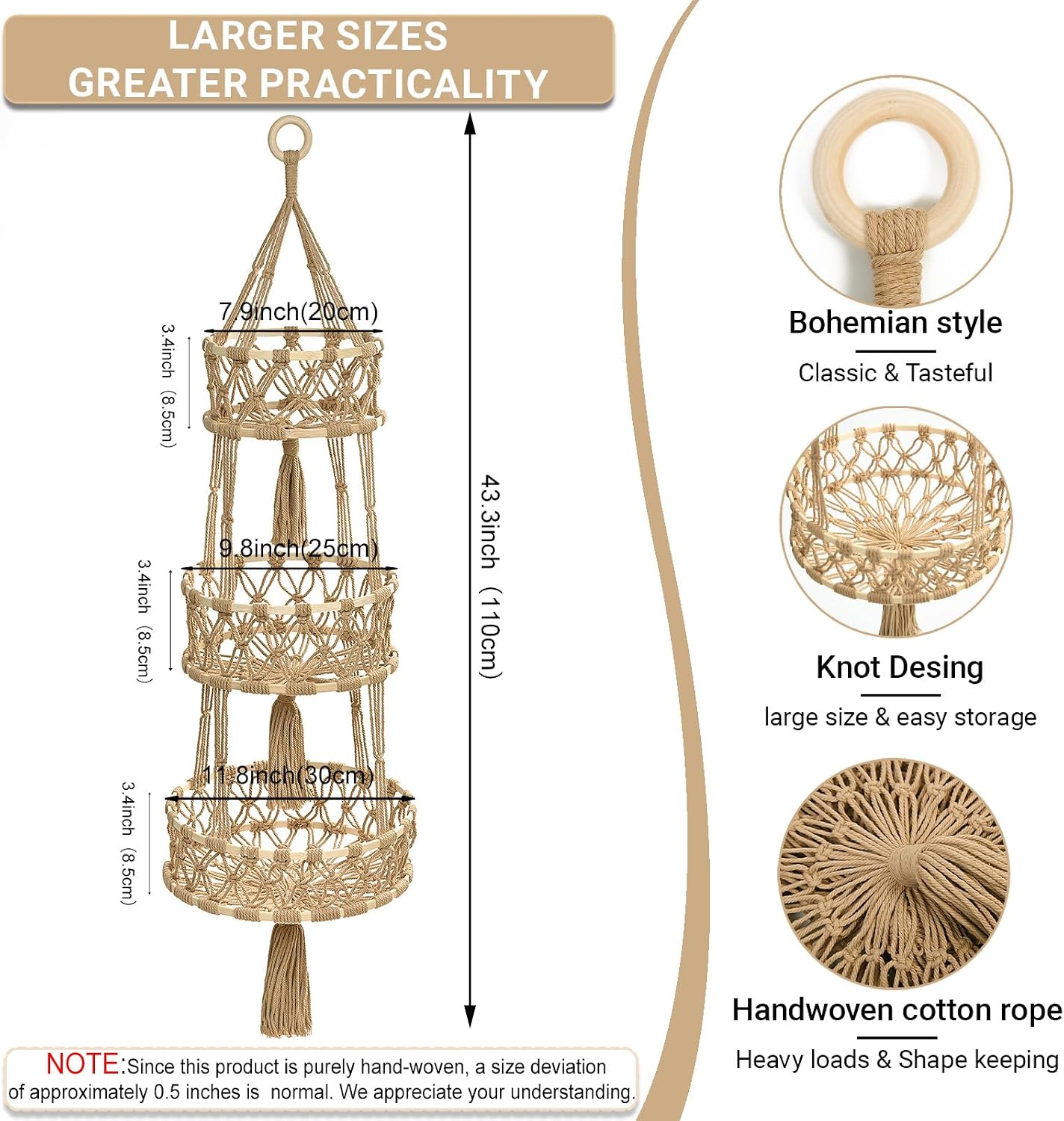 Halidali 3 Tier Hanging Fruit Baskets for Kitchen, Macrame Plant Hanger Cotton Rope Handwoven Hammock Produce Storage Organizer Basket for Plants Holder, Vegetable, Onion, Potato (Linen)