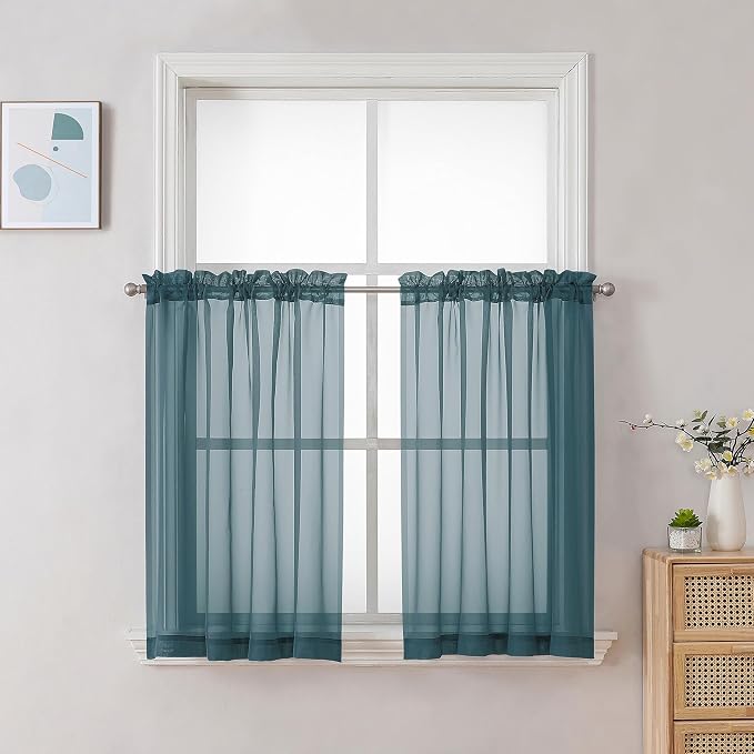 Chyhomenyc Stone Blue Sheer Curtains 30 inch Length 2 Panels, Light Filtering by Chyhomenyc
