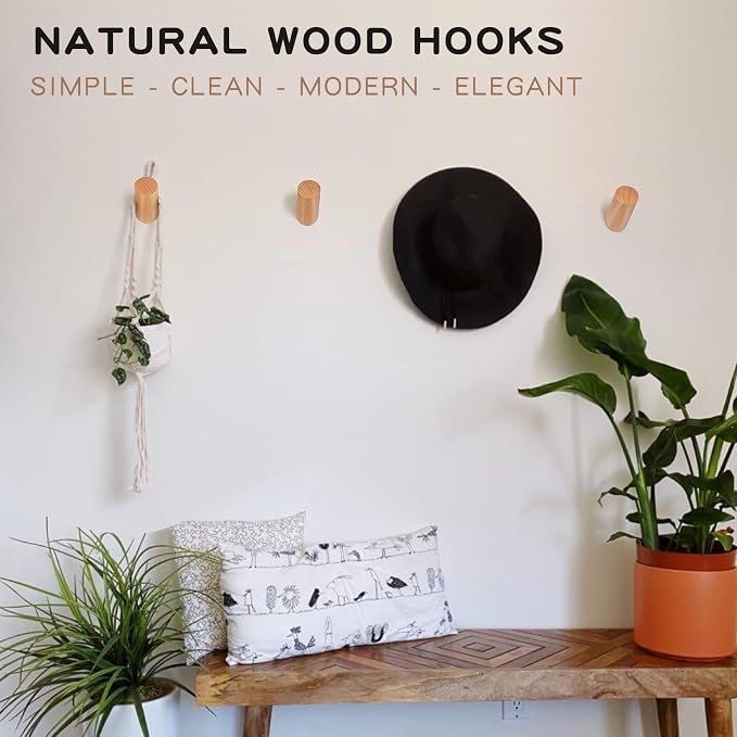 Wood Wall Hooks, 6 Pack Natural Wooden Coat Hooks Wall-Mounted, Rustic Heavy - Image 3
