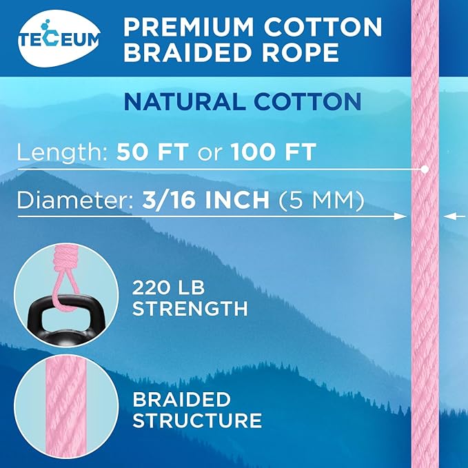 TECEUM Cotton Rope 3/16” – 50 FT – Strong All-Purpose Braided Rope – Natural - Image 2