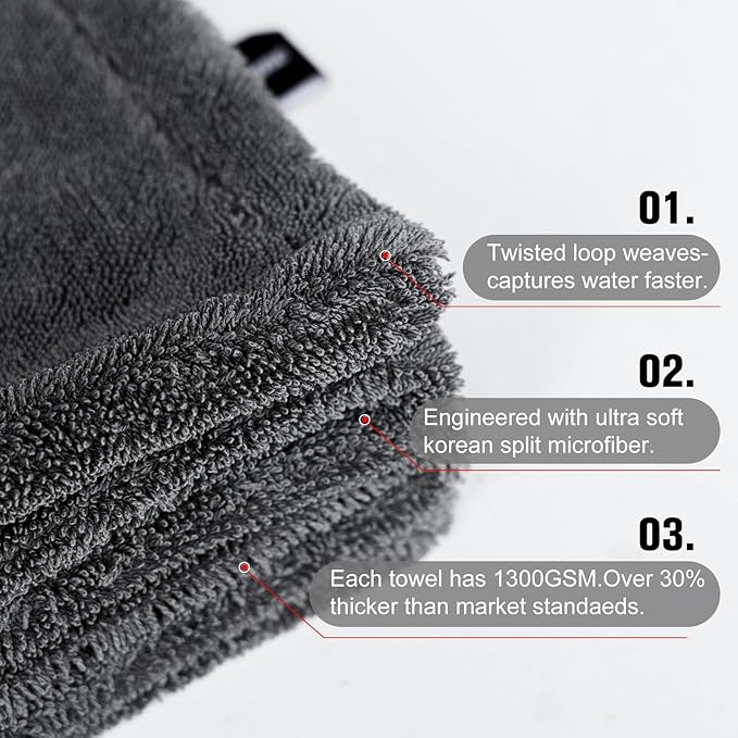 2 Pack XL Car Drying Towel – 1300GSM Ultra Absorbent Microfiber, Twisted Loop - Image 5