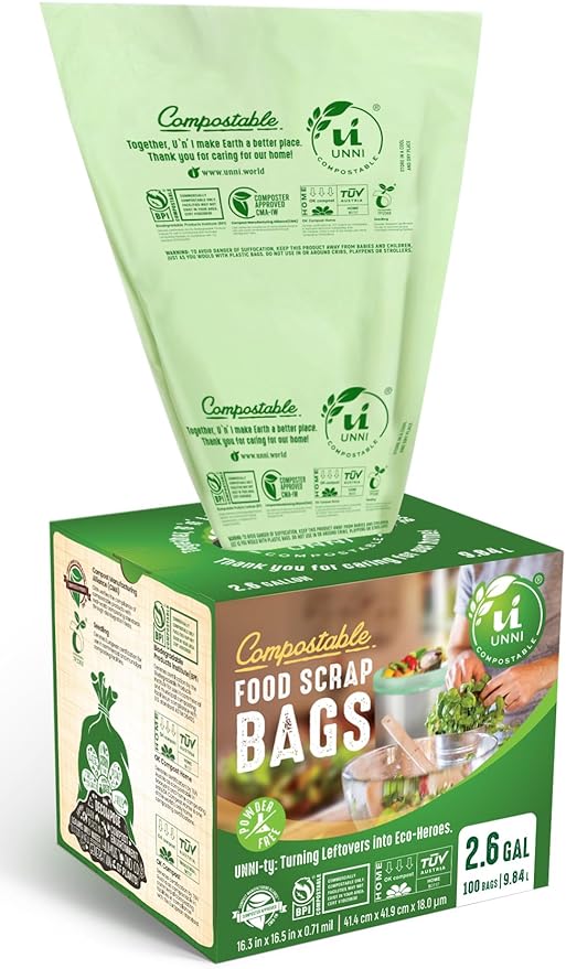 UNNI Compostable Trash Bags, 2.6 Gallon / 9.84 Liter, Extra Thick 0.71 Mil by UNNI