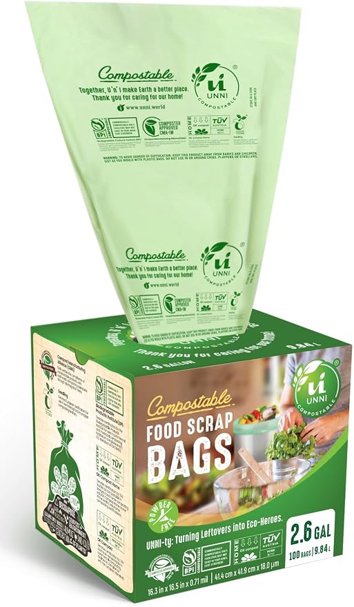UNNI Compostable Trash Bags, 2.6 Gallon / 9.84 Liter, Extra Thick 0.71 Mil by UNNI