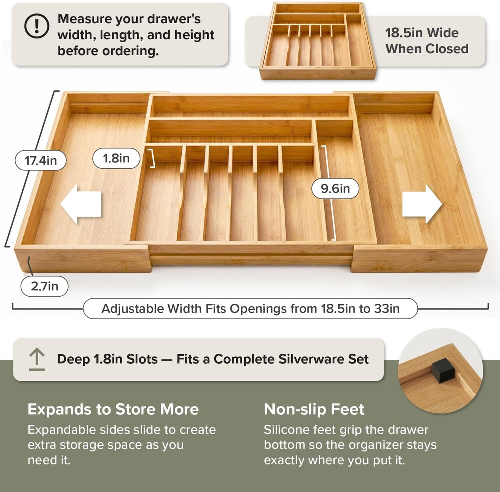 KitchenEdge Silverware & Utensil Drawer Organizer, 18-33 in, Bamboo