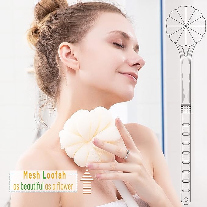 Shower Body Brush, Soft Bristles and Beautiful Pumpkin Loofah 14" Long Handle - Image 6