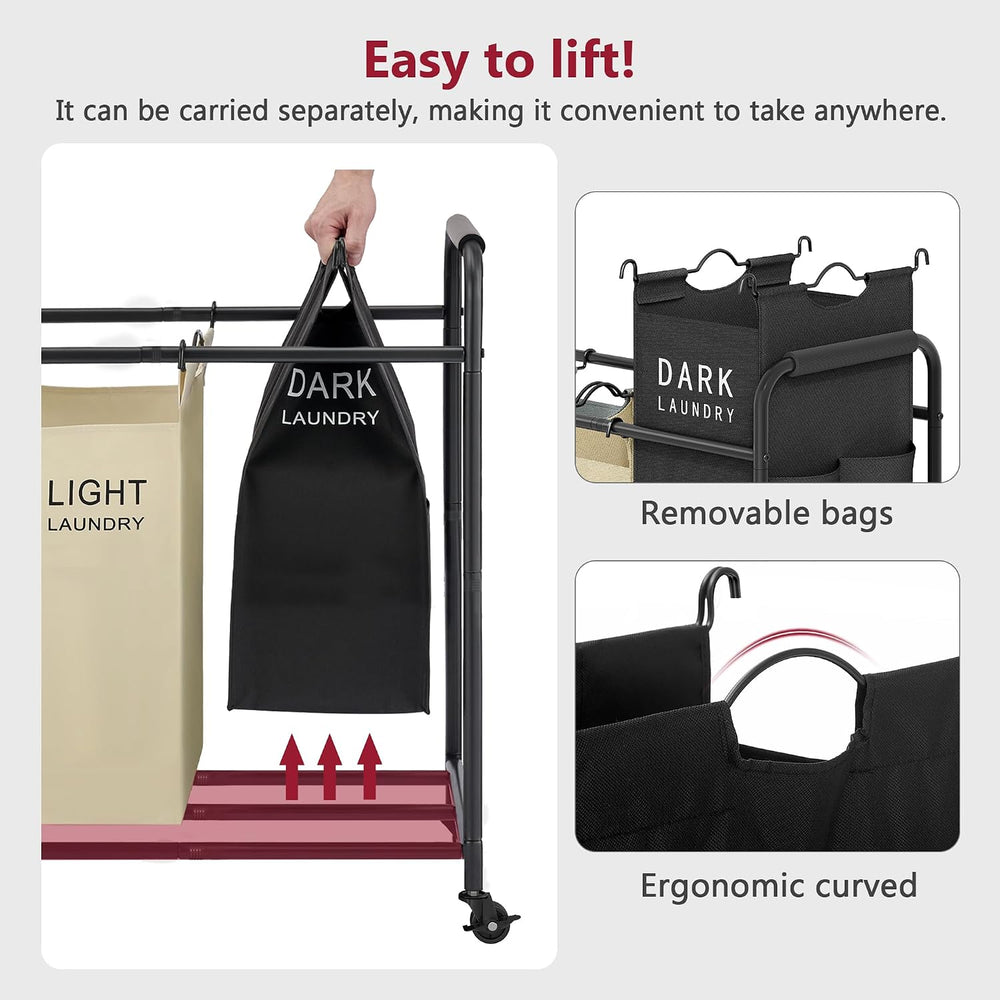 Tajsoon 3 Bag Laundry Sorter Cart, Laundry Hamper 3 Section, 3 Colors