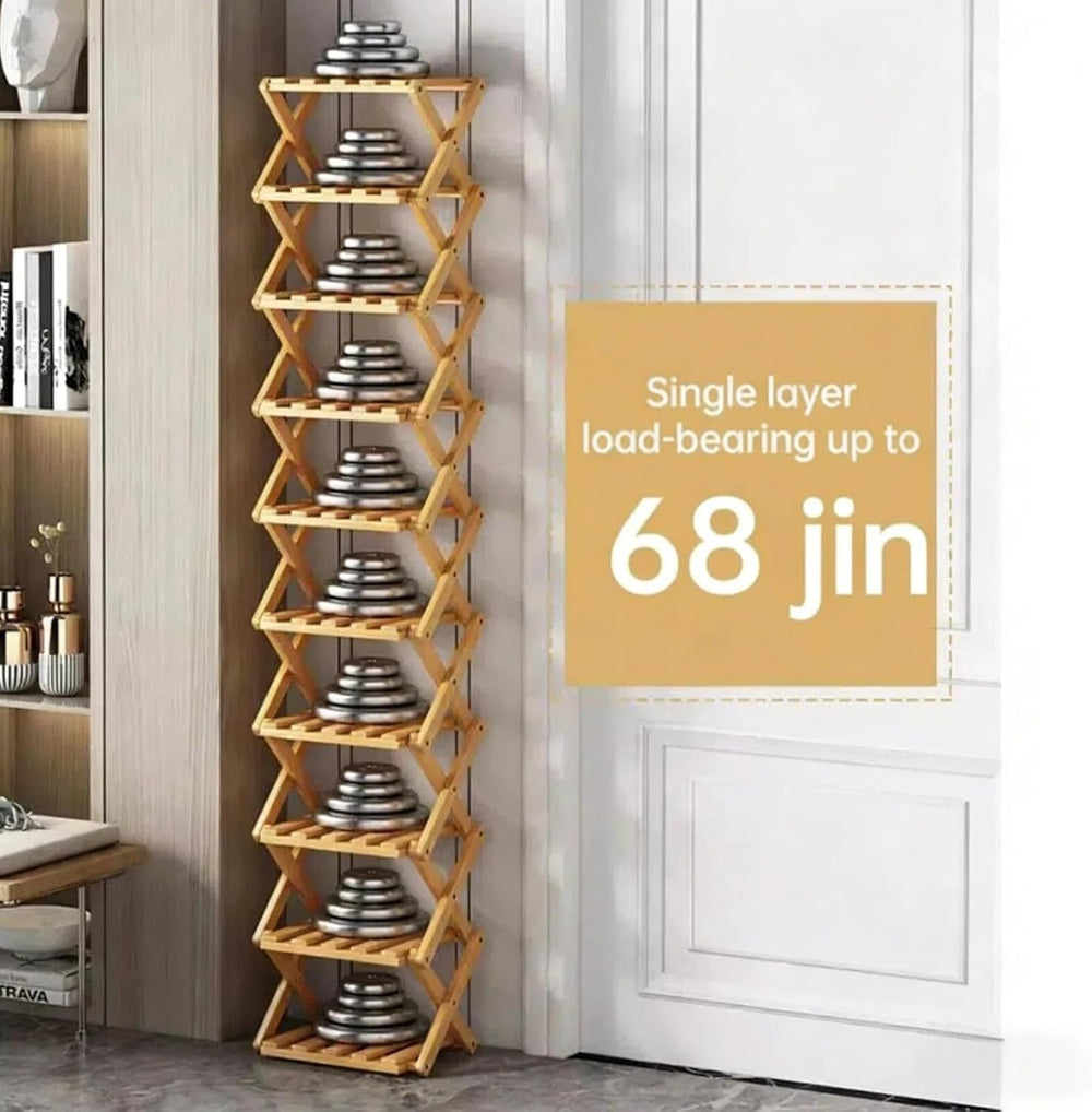 Foldable Bamboo Shoe Rack, 9-Tier No Assembly Shoe Organizer, Space-Saving Fr...