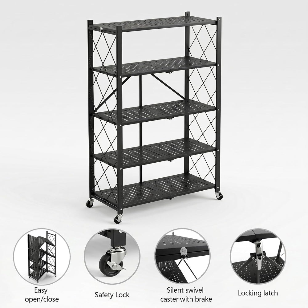 5-Tier Foldable Storage Shelves with Wheels, Heavy-Duty Metal Rolling Rack, N...