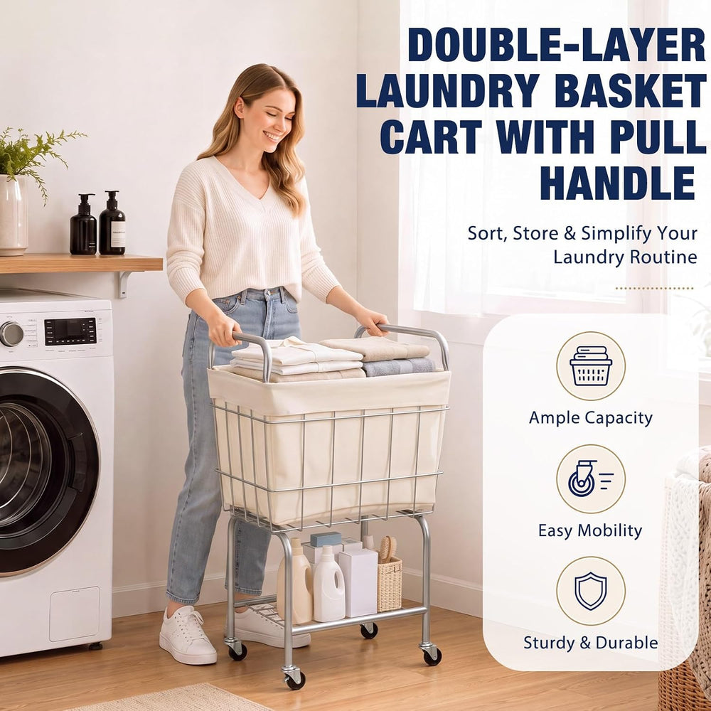 Rolling Laundry Basket with Wheels 26" Height Metal 2-Tier Cart