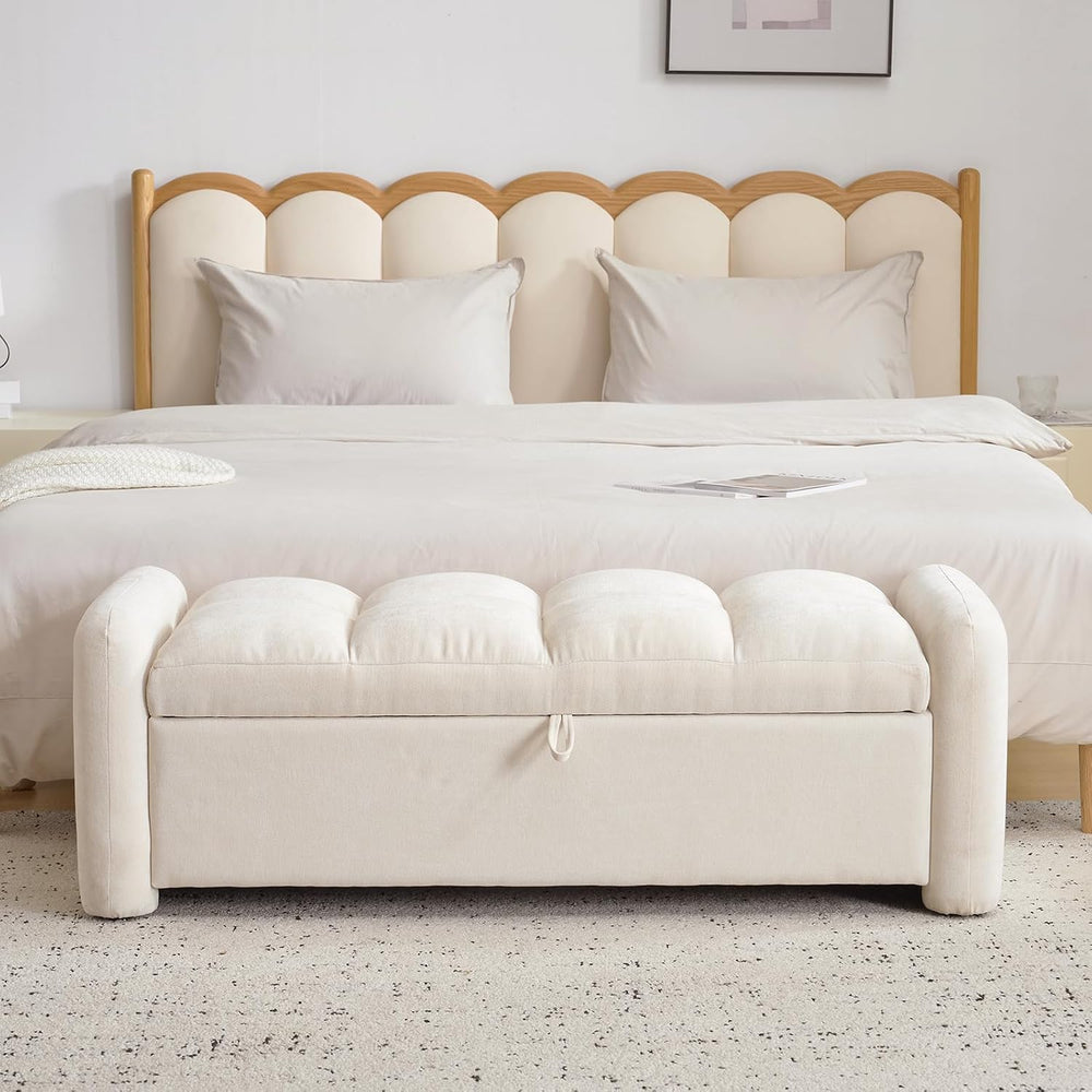 Oversized Ottoman Bench with Storage, Chenille Beige