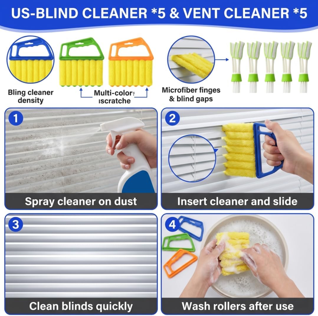10 Pcs Blind Cleaner Duster Tool, 5 Washable 7-Fingers Dusters Cleaners and 5 Air Vent Cleaners for Venetian, Window Blinds Cleaning Set for Air Conditioner and Fans Vents