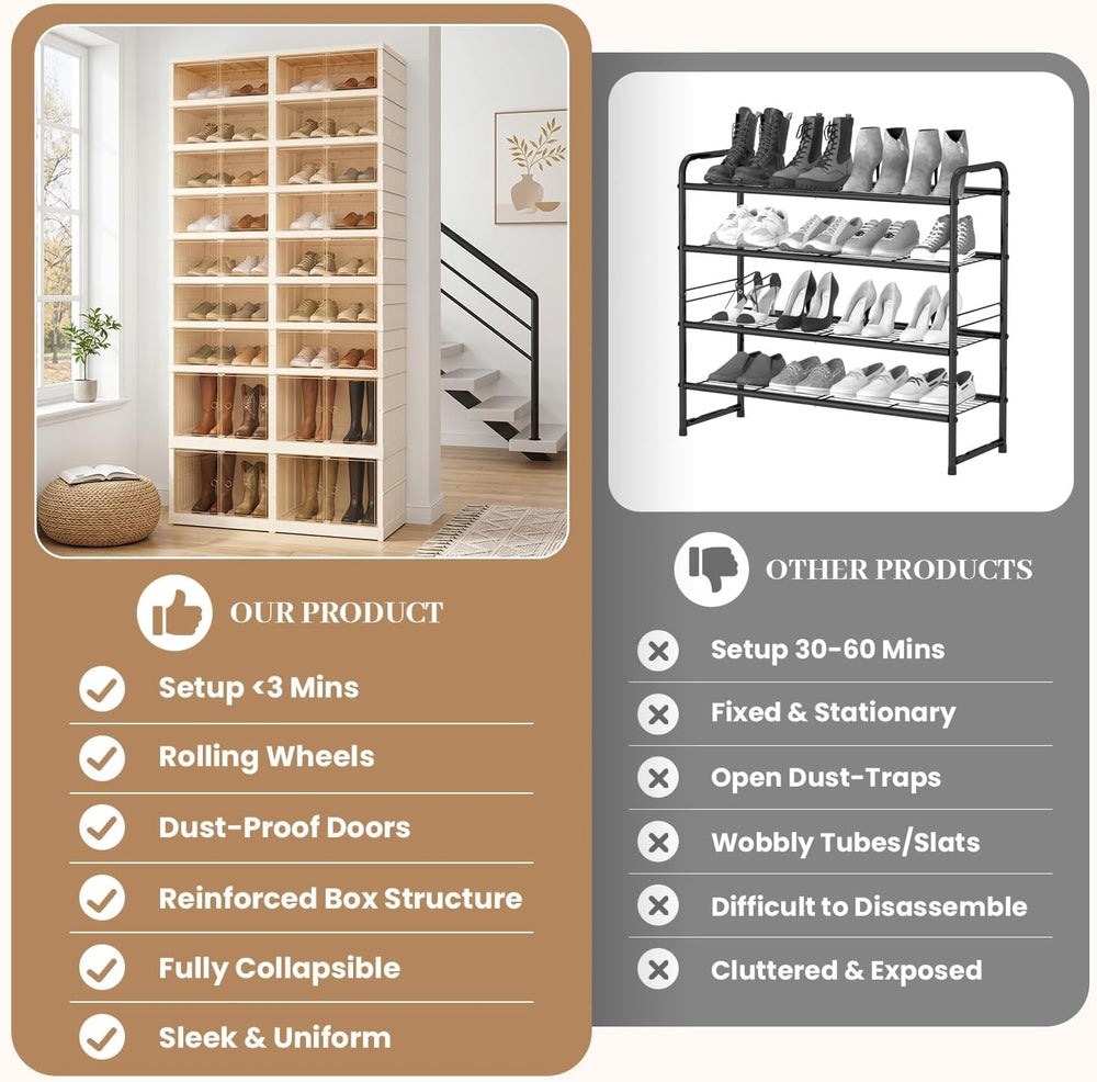 Collapsible Shoe Rack Organizer, Clear Doors Plastic Shoe Storage Cabinet