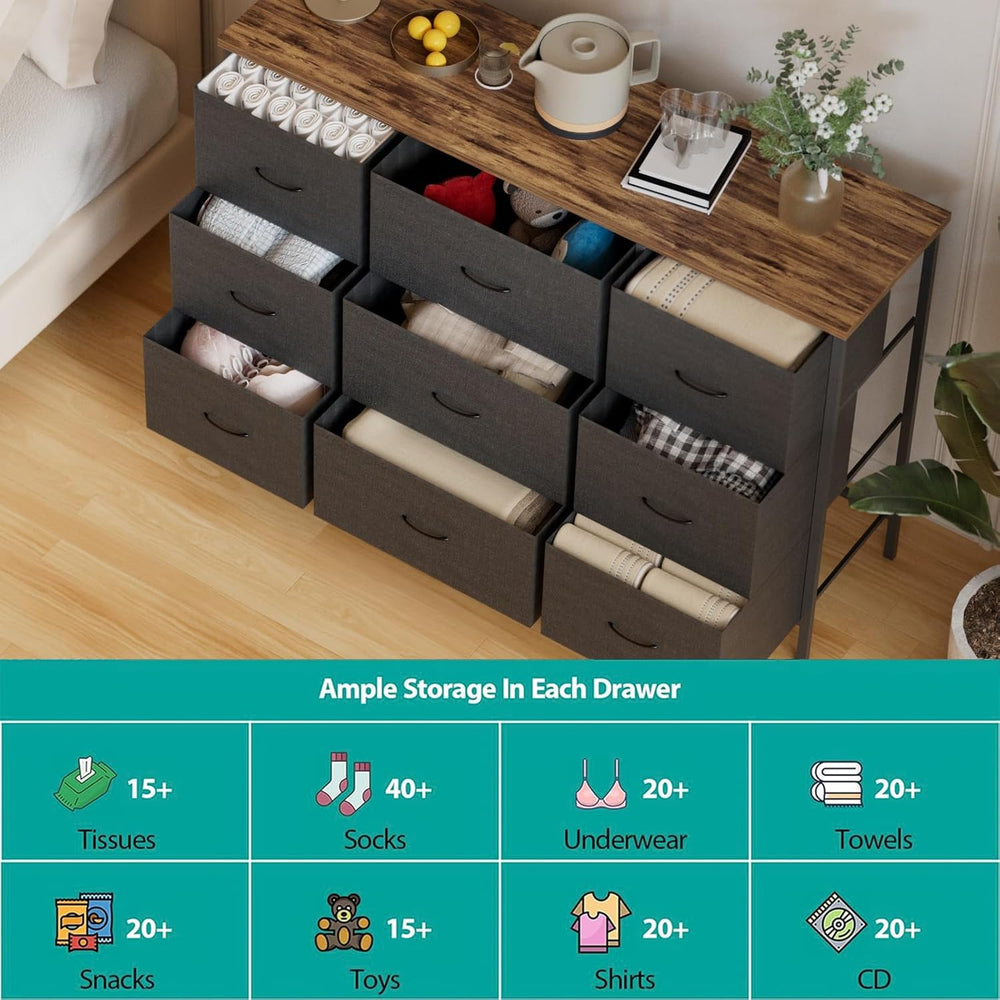 VASICAR Wide TV Stand for Bedroom, Black Dresser with 9 Deep Drawers