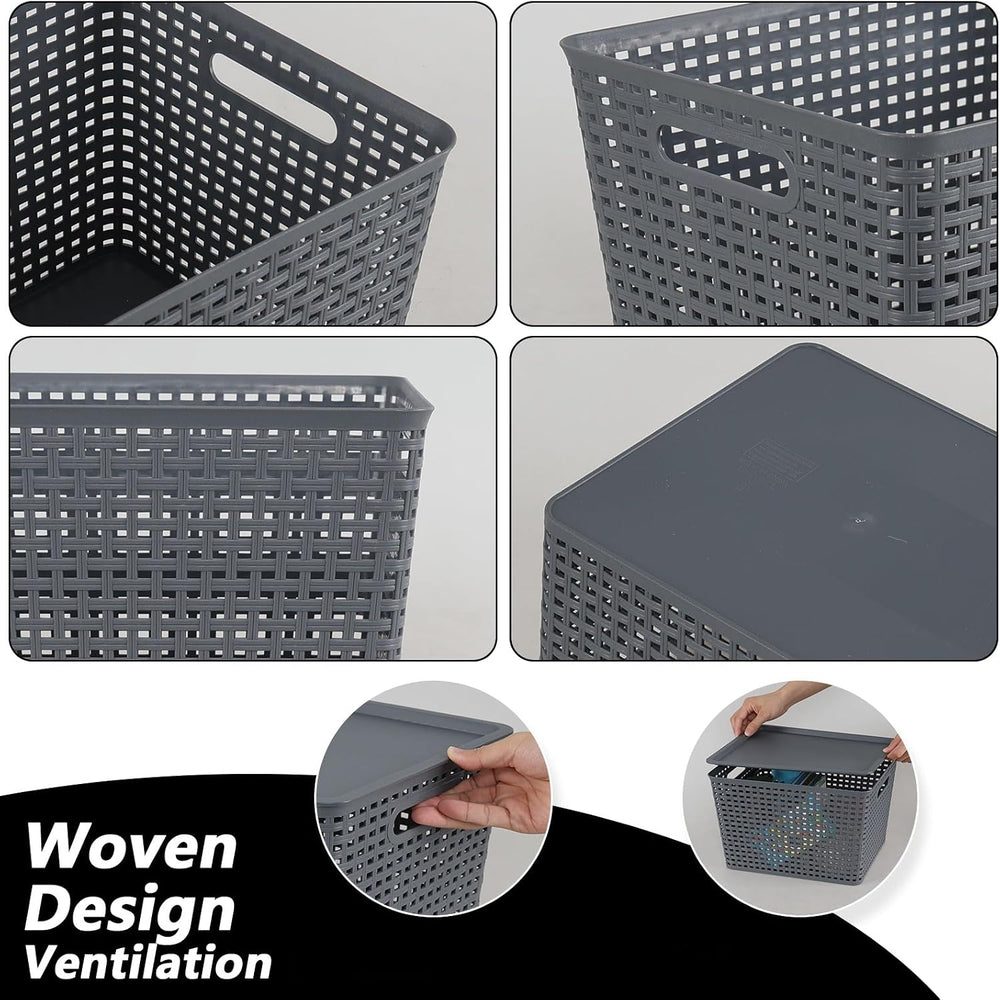 6 Pack Plastic Storage Bins with Lids, Stackable Storage Baskets with Handles...