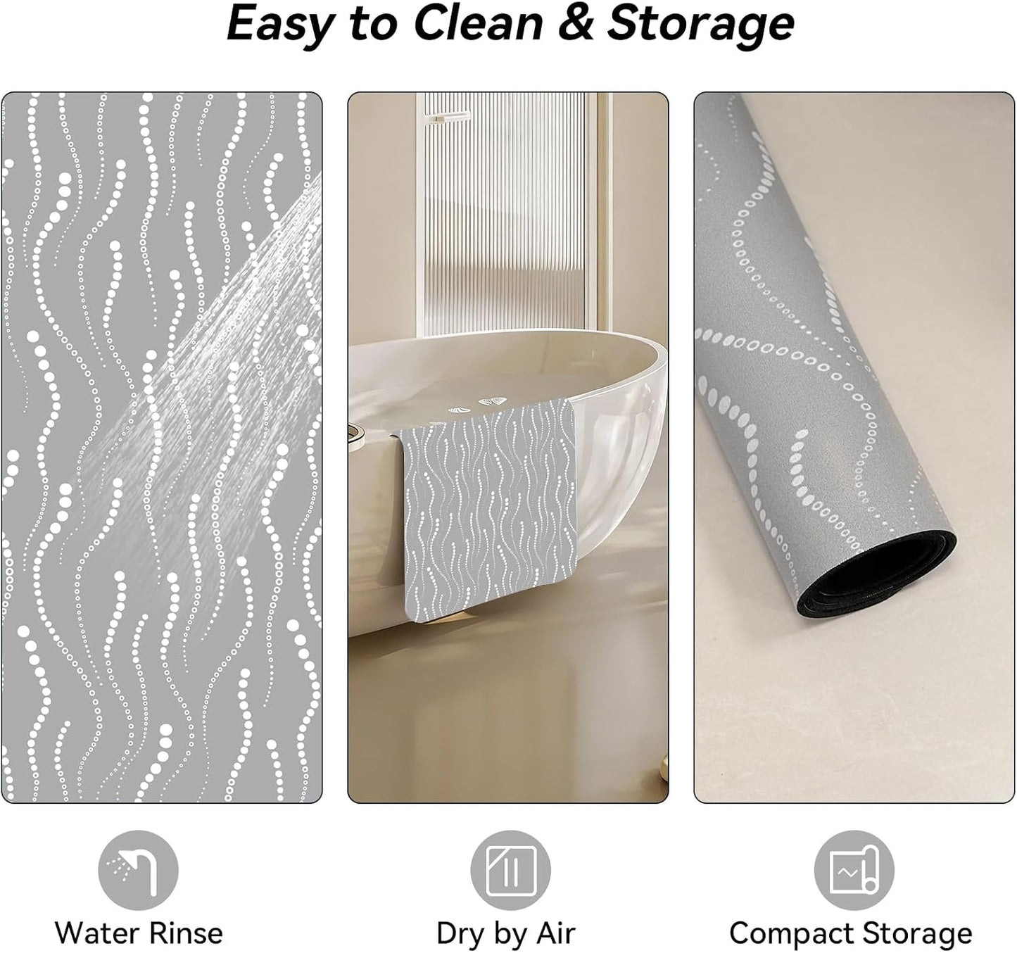 Bath Mat Set of 3, Grey and White Modern Soft & Super Absorbent Quick Dry Shower Mat,Non-Slip Rubber Backed Bottom, Thin Washable Bathroom Rug for Toilet, Tub, Sink, Restroom Decor